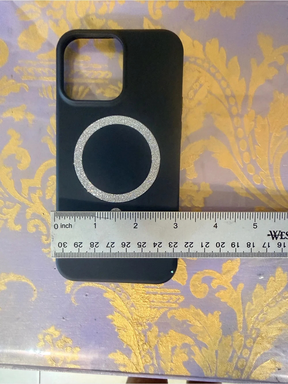 Black MagSafe-Compatible Phone Case with Silver Glitter Ring